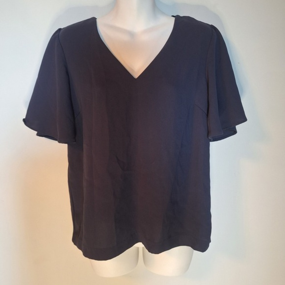 H&M Navy‎ Blue Short Flutter Sleeve V-Neck Blouse Top Size 4 US